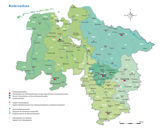 Landkarte der Polizei Niedersachsen mit Darstellung der Dienststellenstandorte bis hin zu den Polizeikommissariaten