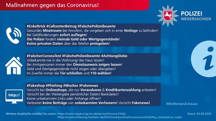 Maßnahmen gegen das Coronavirus (Enkeltrick, Falscher Corona Test, Fakeshop, Phishing)